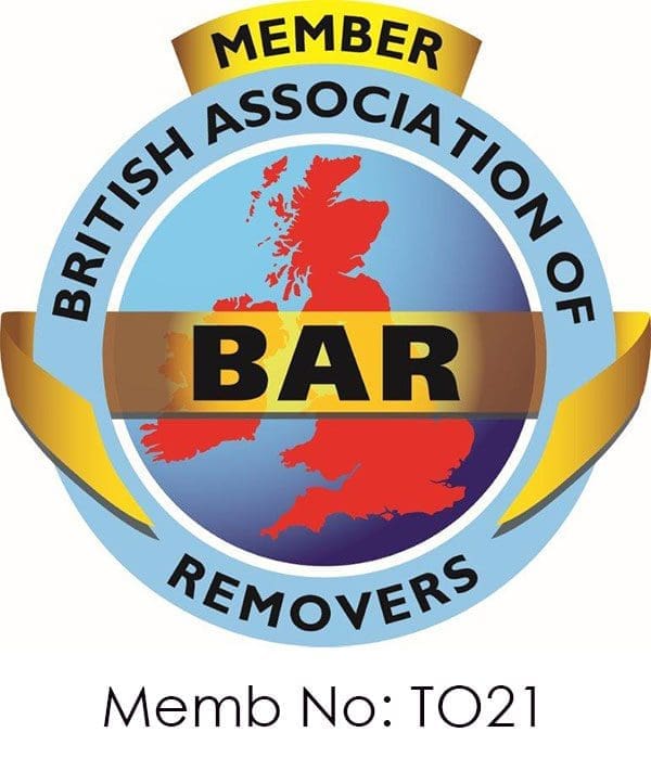 British Association of Removers (BAR) member logo featuring a map of the UK in red inside a blue circle with gold ribbon accents. Text below reads “Memb No: TO21”.