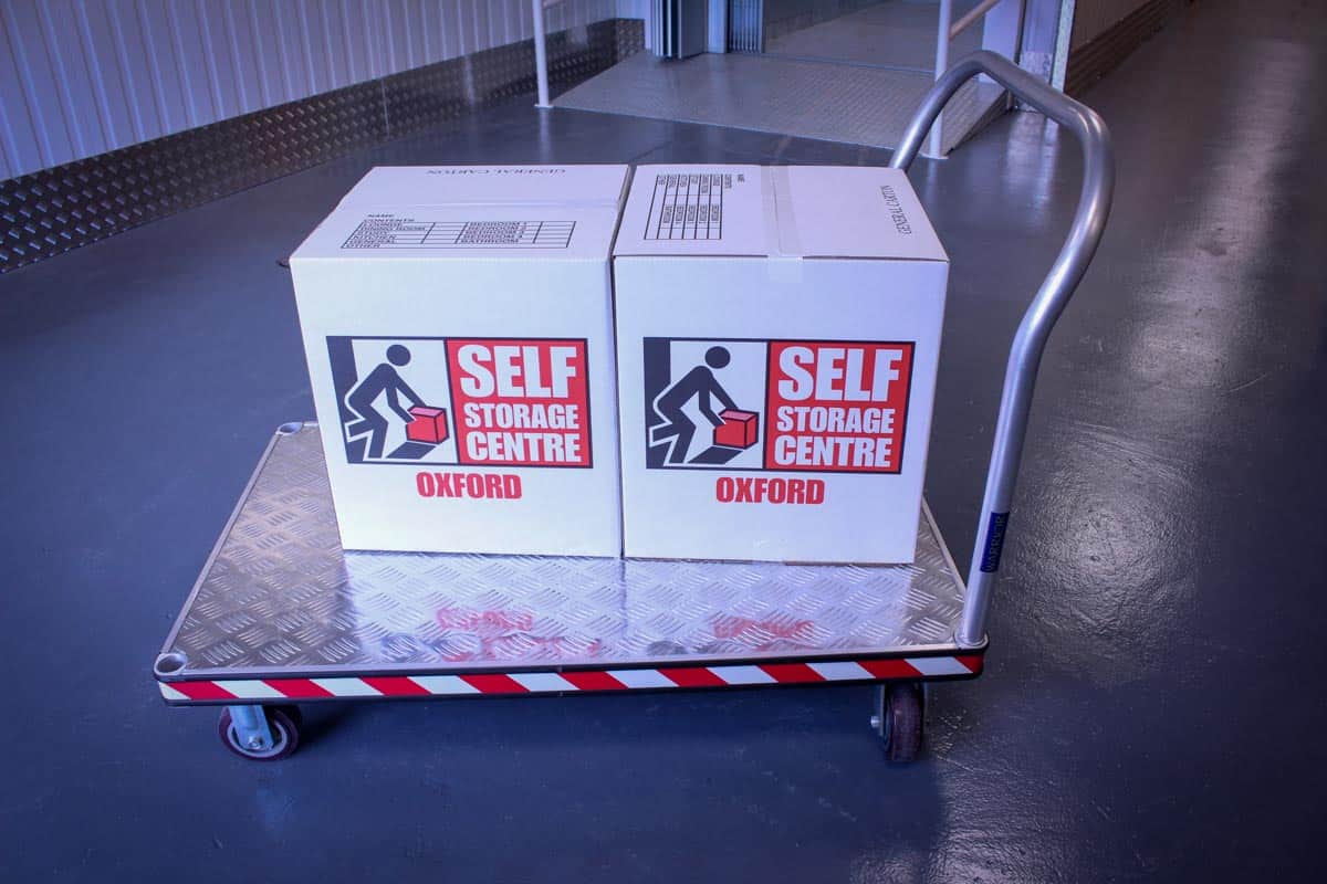 self storage boxes on a trolley